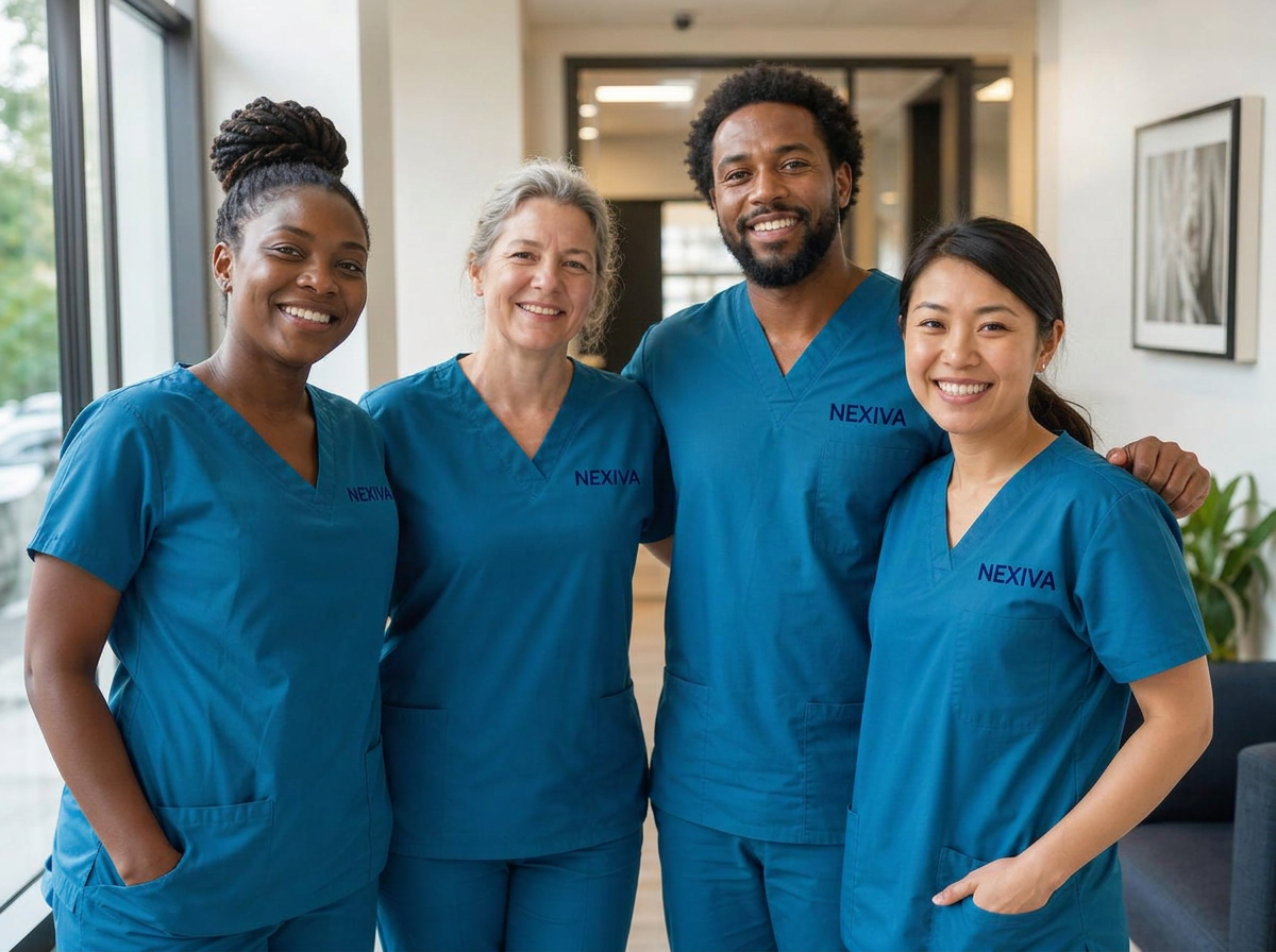 Two caregivers in navy scrubs smiling together