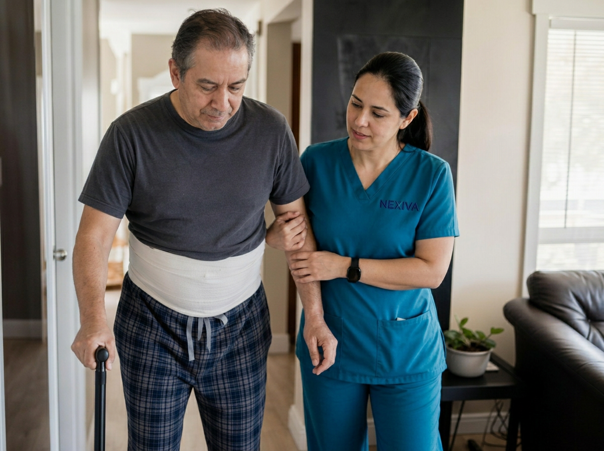 Caregiver assisting a man recovering at home