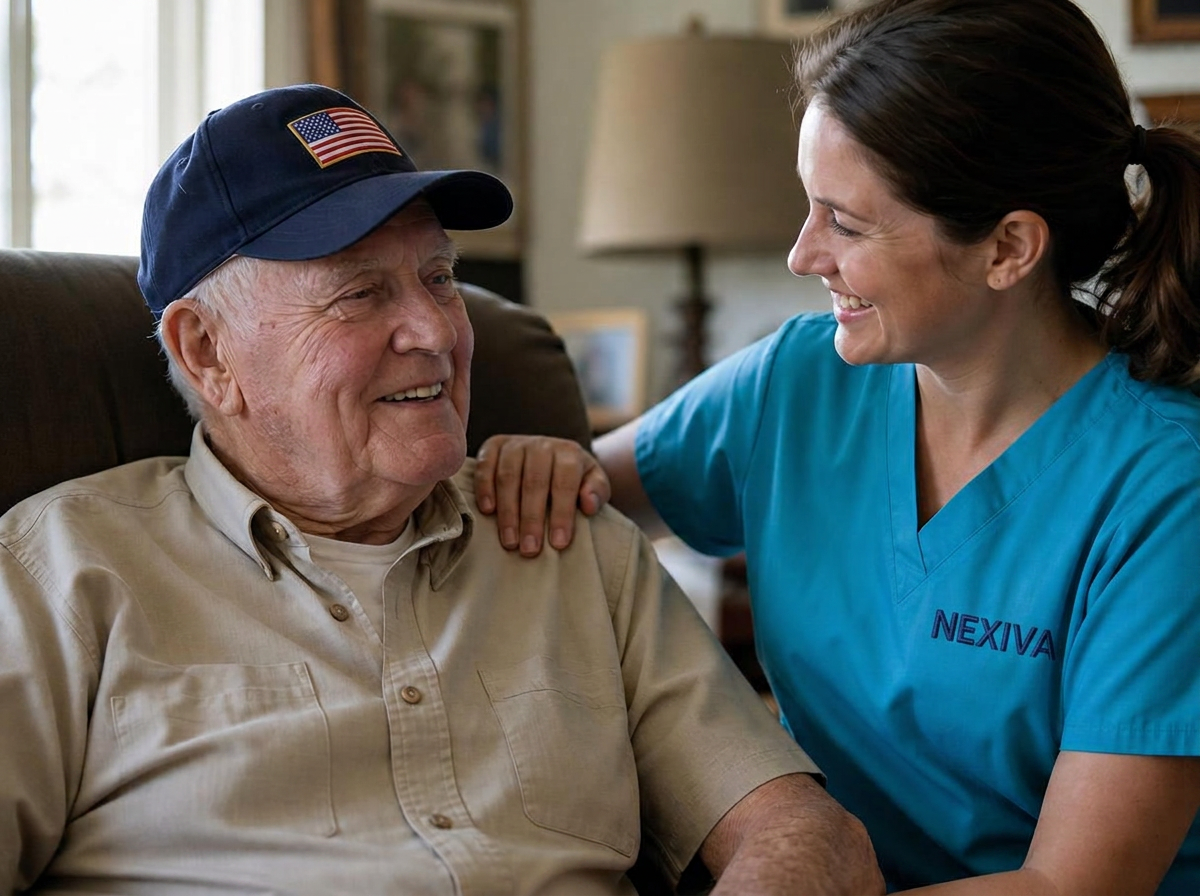 American veteran wearing a U.S. flag cap at home beside a Nexiva HomeCare nurse